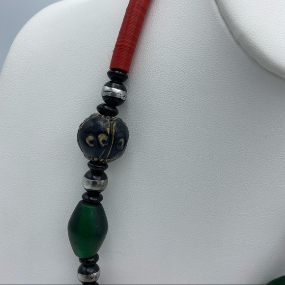 Artisan Vintage African Wood Ceramic Glass Tribal Bohemian Necklace - Picture 8 of 11